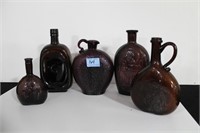 GROUPING: 3 AMETHYST GLASS BOTTLES AND 2 BROWN