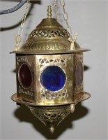 Vtg Pierced Brass Hanging Candle Lantern 12"h