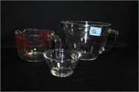 3 GLASS MEASURING CUPS AND BATTER BOWLS