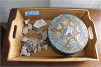 WOOD TRAY WITH CRYSTALS AND STONES