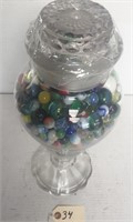 GLASS VASE WITH LID FILLED WITH MARBLES