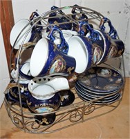 Blue Victorian image Tea pot, sugar, creamer and