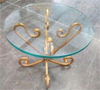 Gold Metal Scroll & Thick Glass Round Side Table