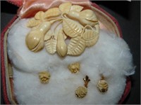 Fruit Brooch, Stud & Drop Rose Earrings / Bone