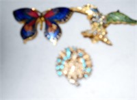 3 Jewelry Pins Hummingbird, Butterfly, and Peacock