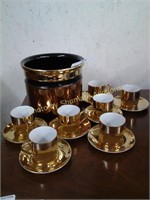 Gold color ice bucket/vase & 7 demi cups/saucers
