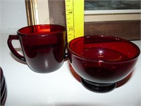 Red glass dishes. One handled & 4 bread and