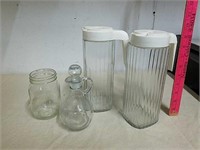 2 glass drink pitchers with decanter and Mason