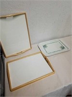 Two wooden serving trays in 1 metal serving tray