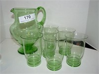 Green glass pitcher & 6 glasses