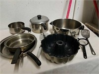 Group of Farberware aluminum-clad pots and pans