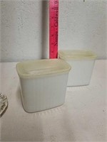 Pair of vintage milk glass canisters with plastic