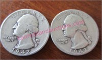 (2) 1942 washington silver quarters