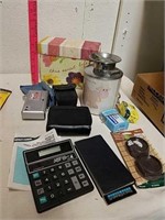Caster cups, calculator, micro cassette handheld