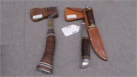 x2 hand axes with sheaths. and one knife