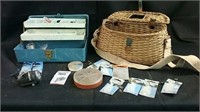 Wicker fishing basket & plastic box with contents