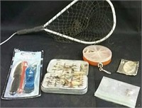 Hand fishing net, fishing kit, fishing flies