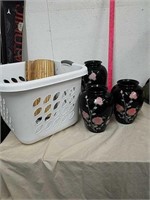 3 ceramic vases with laundry basket
