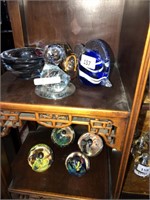 2 SHELVES OF GLASSWARE, PAPERWEIGHT ANIMALS & BOWL