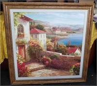 Large Framed Scenic Print Cottages By Water