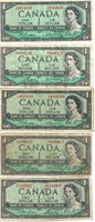 5 CANADIAN 1954 $1 BILLS