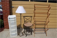 Drying Rack, Floor Lamp, and a Stool