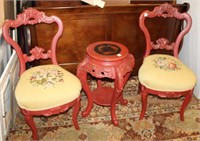 3pc Asian Plant Stand & 2 Carved back Side Chairs