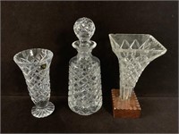 CRYSTAL DECANTER AND 2 VASES