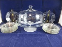 COVERED PEDESTAL CAKE DISH W/17 6" GLASS PLATES