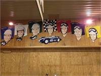 GROUP OF (8) RACING WALL HANGS, (7) DRIVER BUST