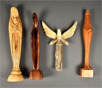 4 Carved Wood Religious Figures, Various Countries
