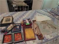 Thirteen Assorted Pcs.: Art, Keys, Old Silk Textil