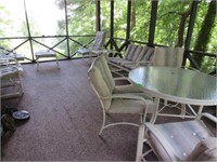 Twelve Pcs. Patio Furniture: Table, Chairs, Glider