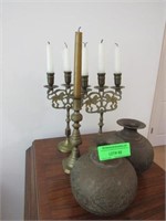 Three Brass Candlesticks, Pair Hammered Brass Urns
