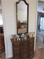 1970's Style Credenza, Mirror & Contents: Glass &