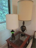 Two Brass Table Lamps & Glass Top Side Table