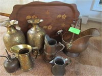 Eight Pcs.: Persian Brass Vases, Coal Scuttle, Oil