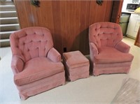 Pair of Vintage Arm Chairs with Foot Stool