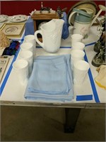 Milk Glass Pitcher And 8 Glasses With Tablecloths