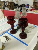 Pair Of Cranberry Glass Candle Holders With