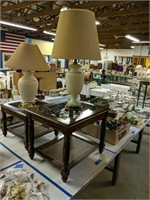 Pair Of Glass Top End Tables With Table Lamps