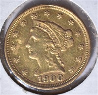 1900 $2.50 LIBERTY GOLD, AU SMALL RIM BUMP