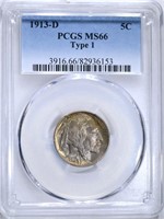 1913-D T-1 BUFFALO NICKEL, PCGS MS-66 SUPER