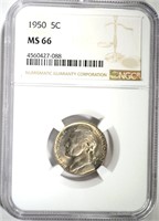 1950 JEFFERSON NICKEL, NGC MS-66