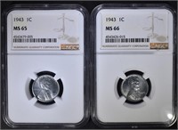 2 - 1943 STEEL CENT NGC MS65 & MS66