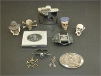 Miscellaneous Skulls, Cig. Case, 2 Belt Buckles /