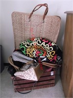 LOT OF ASSORTED PURSES/BAGS & WOOD CRATE