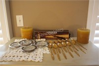 Candles, Gold Tone Dessert Spoons & Coaster Set