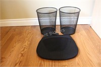 Two Black Waste Paper Baskets & Air Cushion Seat