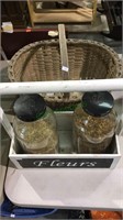 French Wood flower box with 2 medical bottles,